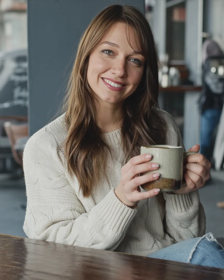 Melissa McAran holding a handmade ceramic mug in a warm café
